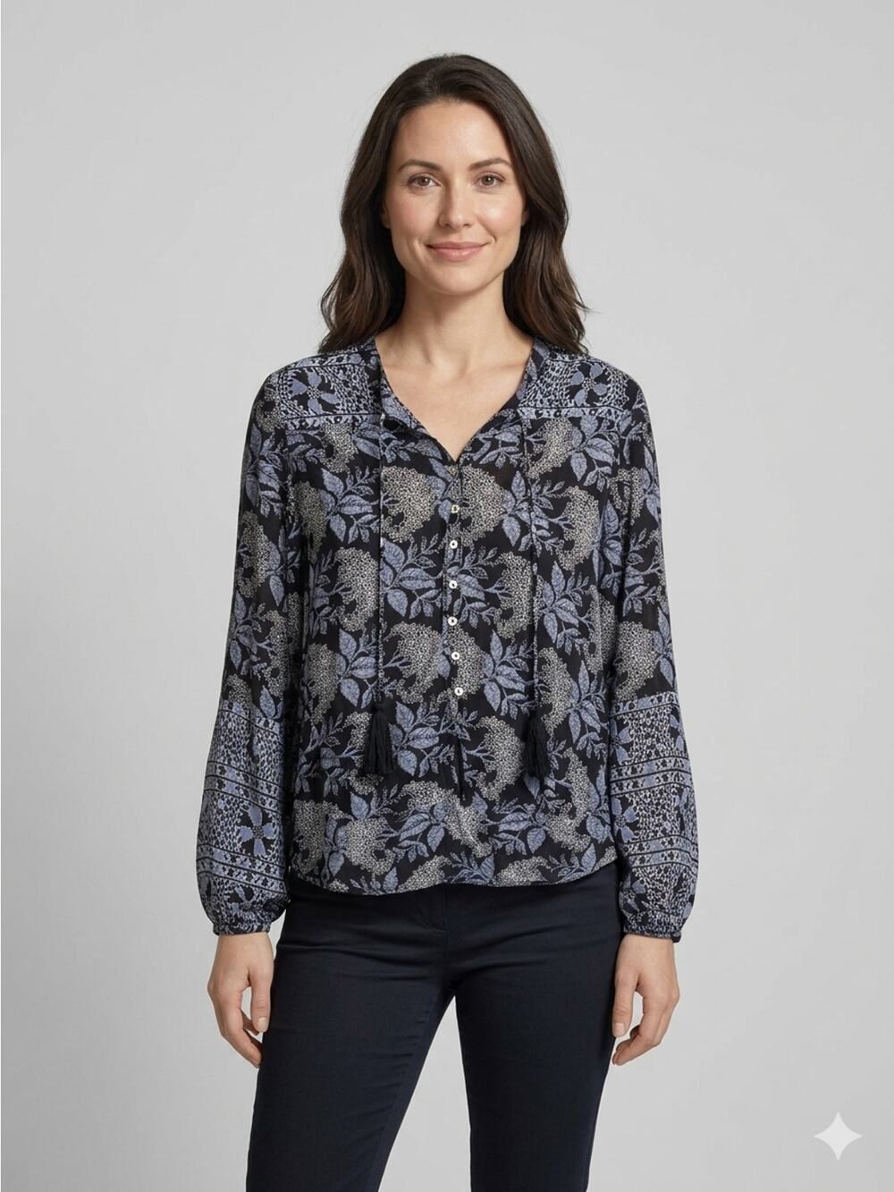 Elan Floral Print Blouse with Tassel Ties and Blouson Long Sleeves | S